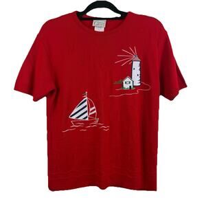 Vintage 90s Nautical Red Sweater Medium Lighthouse Sailboat Beachy Short Sleeved